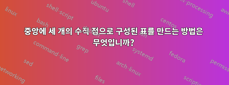 중앙에 세 개의 수직 점으로 구성된 표를 만드는 방법은 무엇입니까?