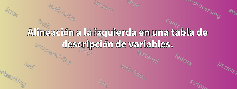 Alineación a la izquierda en una tabla de descripción de variables.