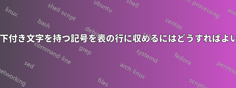 上付き文字と下付き文字を持つ記号を表の行に収めるにはどうすればよいでしょうか?