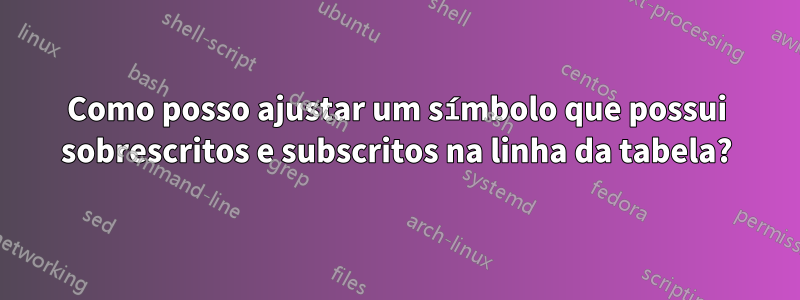 Como posso ajustar um símbolo que possui sobrescritos e subscritos na linha da tabela?