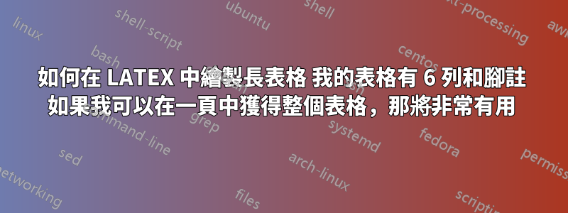 如何在 LATEX 中繪製長表格 我的表格有 6 列和腳註 如果我可以在一頁中獲得整個表格，那將非常有用
