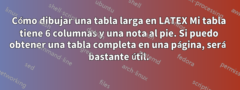 Cómo dibujar una tabla larga en LATEX Mi tabla tiene 6 columnas y una nota al pie. Si puedo obtener una tabla completa en una página, será bastante útil.