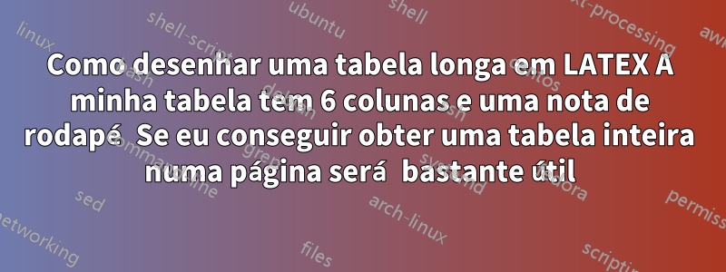 Como desenhar uma tabela longa em LATEX A minha tabela tem 6 colunas e uma nota de rodapé Se eu conseguir obter uma tabela inteira numa página será bastante útil