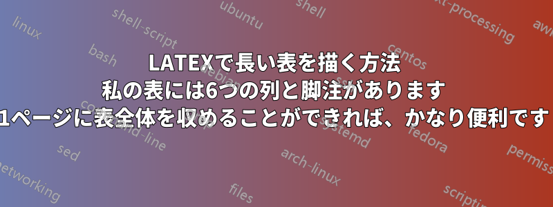 LATEXで長い表を描く方法 私の表には6つの列と脚注があります 1ページに表全体を収めることができれば、かなり便利です