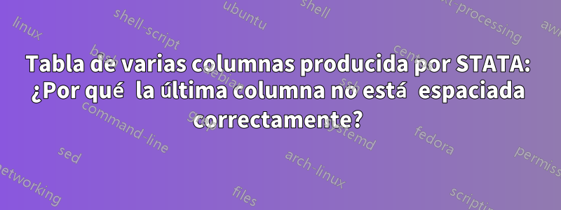 Tabla de varias columnas producida por STATA: ¿Por qué la última columna no está espaciada correctamente?