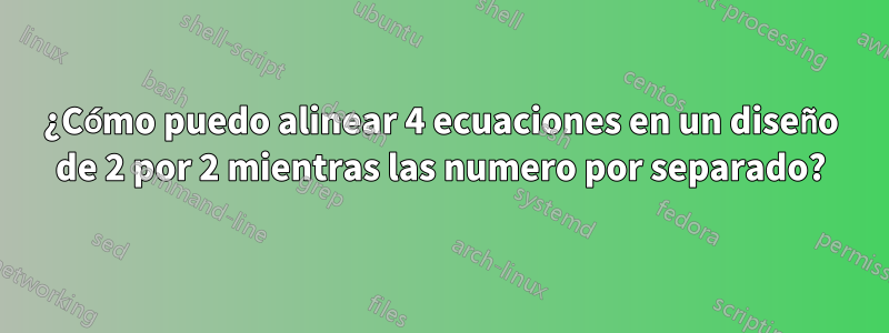 ¿Cómo puedo alinear 4 ecuaciones en un diseño de 2 por 2 mientras las numero por separado?