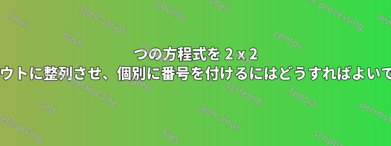 4 つの方程式を 2 x 2 レイアウトに整列させ、個別に番号を付けるにはどうすればよいですか?