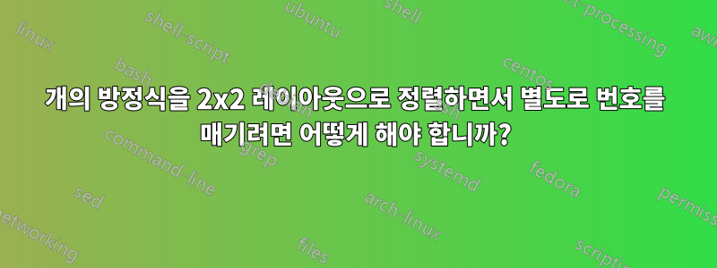 4개의 방정식을 2x2 레이아웃으로 정렬하면서 별도로 번호를 매기려면 어떻게 해야 합니까?