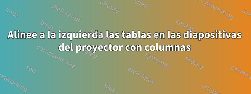 Alinee a la izquierda las tablas en las diapositivas del proyector con columnas