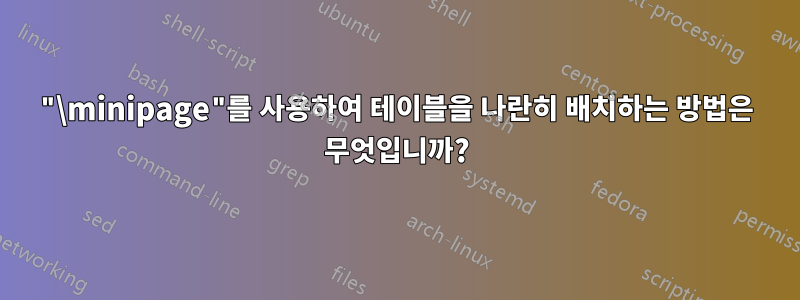 "\minipage"를 사용하여 테이블을 나란히 배치하는 방법은 무엇입니까?