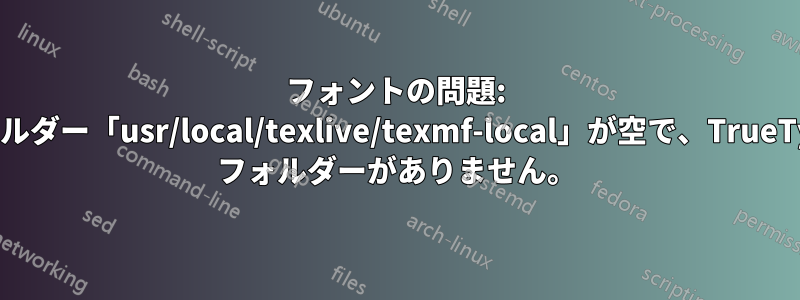 フォントの問題: フォルダー「usr/local/texlive/texmf-local」が空で、TrueType フォルダーがありません。