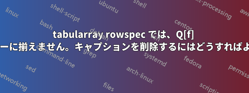 tabularray rowspec では、Q[f] はセルをフッターに揃えません。キャプションを削除するにはどうすればよいでしょうか?