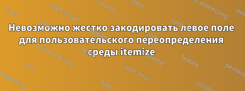 Невозможно жестко закодировать левое поле для пользовательского переопределения среды itemize