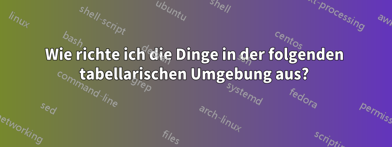 Wie richte ich die Dinge in der folgenden tabellarischen Umgebung aus?