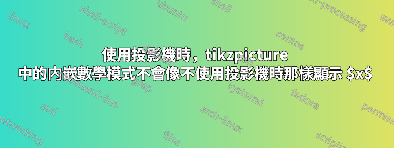 使用投影機時，tikzpicture 中的內嵌數學模式不會像不使用投影機時那樣顯示 $x$