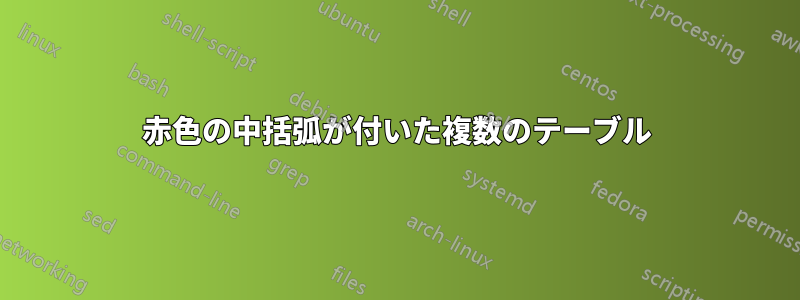 赤色の中括弧が付いた複数のテーブル