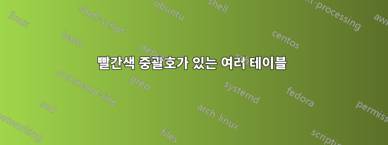 빨간색 중괄호가 있는 여러 테이블