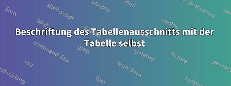 Beschriftung des Tabellenausschnitts mit der Tabelle selbst