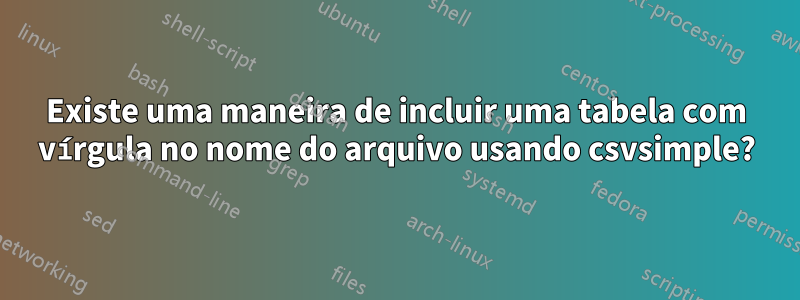 Existe uma maneira de incluir uma tabela com vírgula no nome do arquivo usando csvsimple?