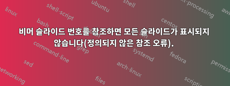 비머 슬라이드 번호를 참조하면 모든 슬라이드가 표시되지 않습니다(정의되지 않은 참조 오류).