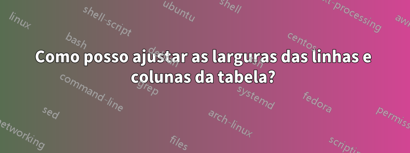 Como posso ajustar as larguras das linhas e colunas da tabela?