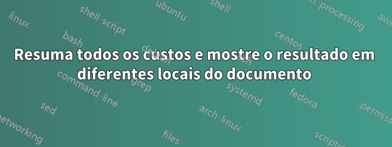 Resuma todos os custos e mostre o resultado em diferentes locais do documento