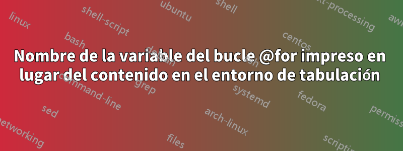 Nombre de la variable del bucle @for impreso en lugar del contenido en el entorno de tabulación