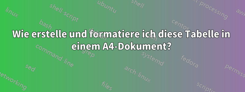 Wie erstelle und formatiere ich diese Tabelle in einem A4-Dokument?