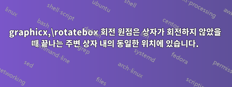 graphicx,\rotatebox 회전 원점은 상자가 회전하지 않았을 때 끝나는 주변 상자 내의 동일한 위치에 있습니다.