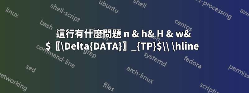 這行有什麼問題 n & h& H & w& $〖\Delta{DATA}〗_{TP}$\\ \hline 