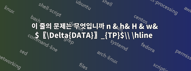 이 줄의 문제는 무엇입니까 n & h& H & w& $〖\Delta{DATA}〗_{TP}$\\ \hline 