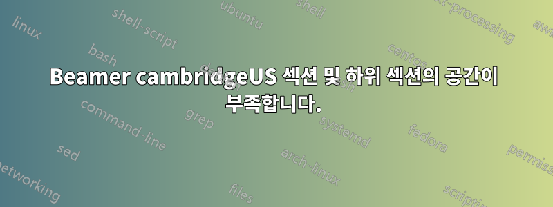 Beamer cambridgeUS 섹션 및 하위 섹션의 공간이 부족합니다.