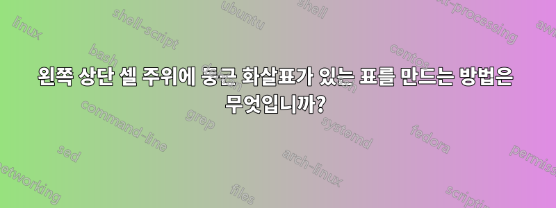 왼쪽 상단 셀 주위에 둥근 화살표가 있는 표를 만드는 방법은 무엇입니까?