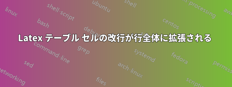 Latex テーブル セルの改行が行全体に拡張される