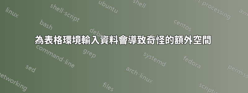 為表格環境輸入資料會導致奇怪的額外空間