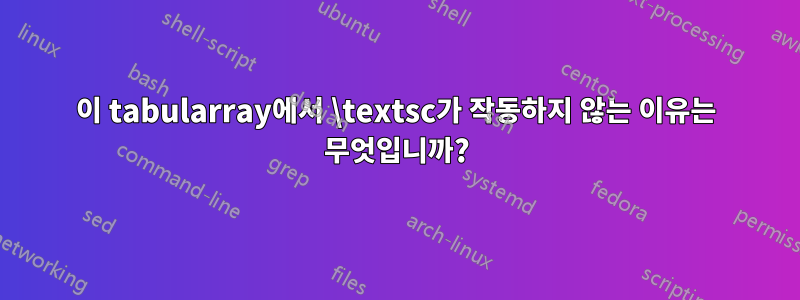 이 tabularray에서 \textsc가 작동하지 않는 이유는 무엇입니까?