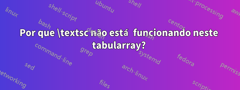 Por que \textsc não está funcionando neste tabularray?