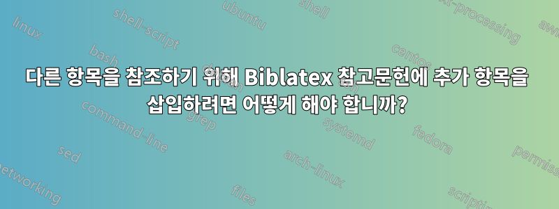 다른 항목을 참조하기 위해 Biblatex 참고문헌에 추가 항목을 삽입하려면 어떻게 해야 합니까?