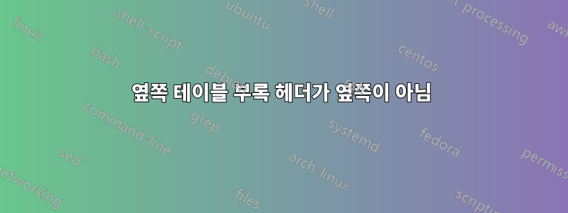 옆쪽 테이블 부록 헤더가 옆쪽이 아님