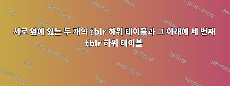 서로 옆에 있는 두 개의 tblr 하위 테이블과 그 아래에 세 번째 tblr 하위 테이블