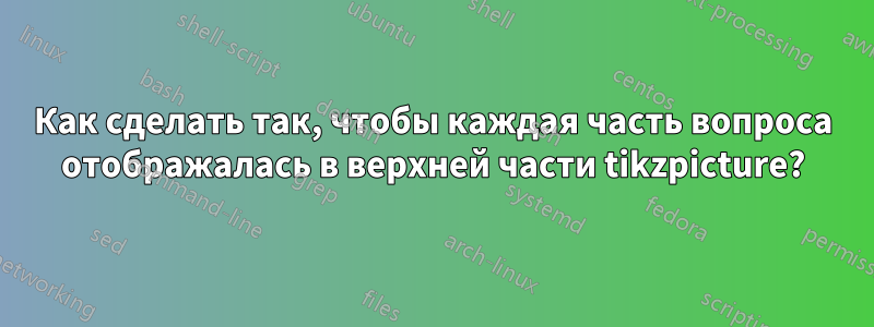 Как сделать так, чтобы каждая часть вопроса отображалась в верхней части tikzpicture?