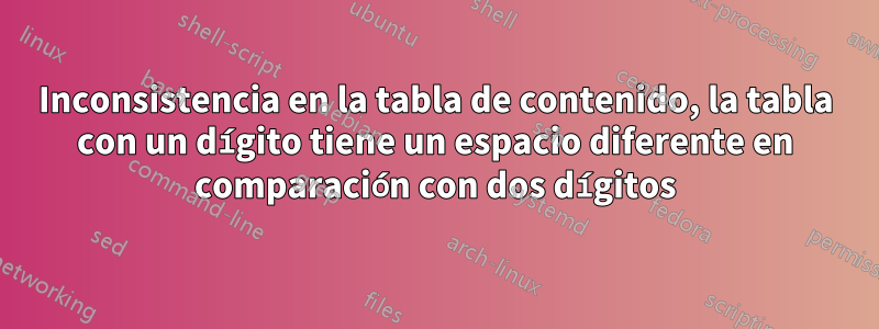Inconsistencia en la tabla de contenido, la tabla con un dígito tiene un espacio diferente en comparación con dos dígitos