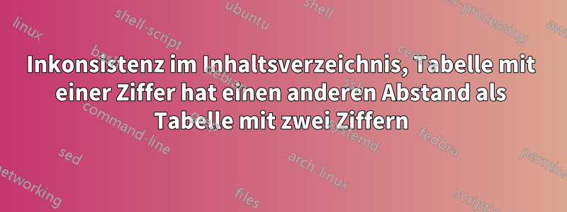 Inkonsistenz im Inhaltsverzeichnis, Tabelle mit einer Ziffer hat einen anderen Abstand als Tabelle mit zwei Ziffern