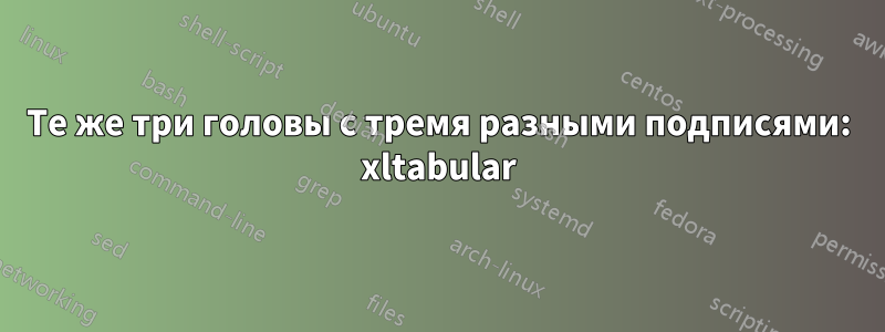 Те же три головы с тремя разными подписями: xltabular