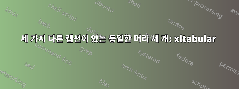 세 가지 다른 캡션이 있는 동일한 머리 세 개: xltabular