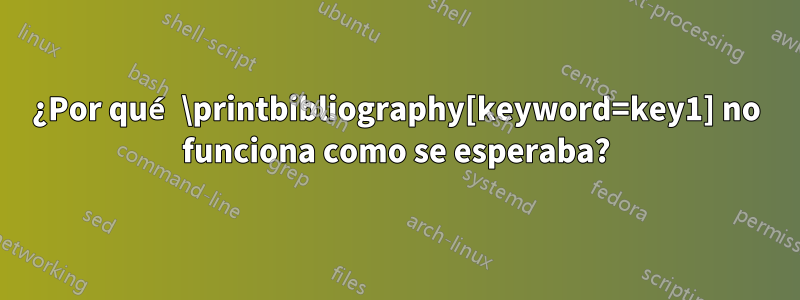 ¿Por qué \printbibliography[keyword=key1] no funciona como se esperaba?