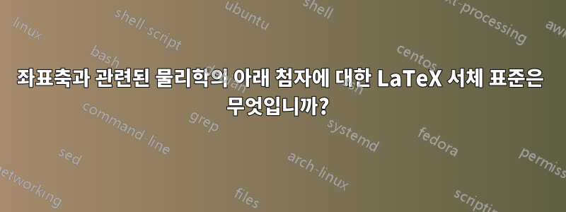 좌표축과 관련된 물리학의 아래 첨자에 대한 LaTeX 서체 표준은 무엇입니까? 