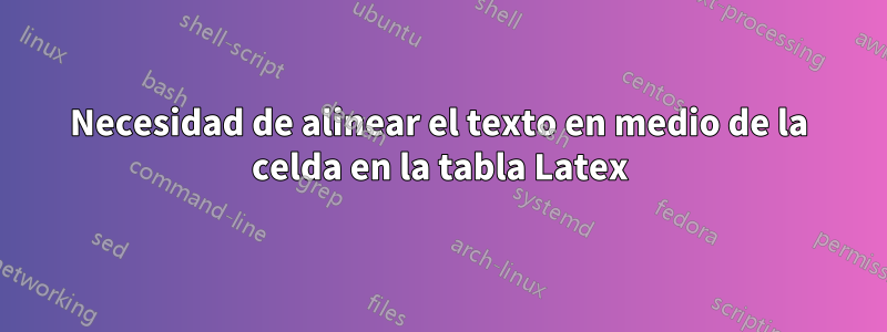 Necesidad de alinear el texto en medio de la celda en la tabla Latex