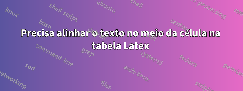 Precisa alinhar o texto no meio da célula na tabela Latex