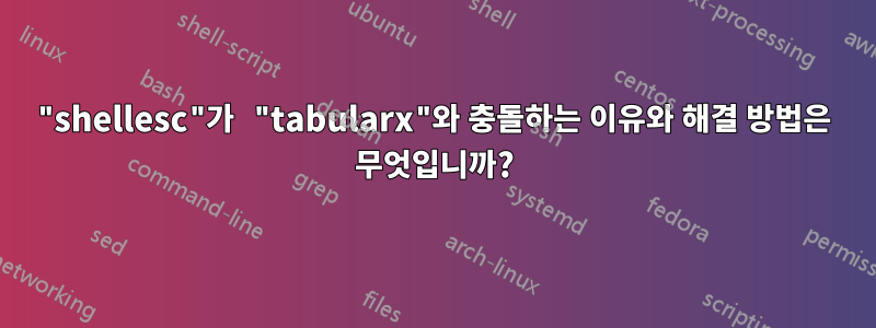 "shellesc"가 "tabularx"와 충돌하는 이유와 해결 방법은 무엇입니까?